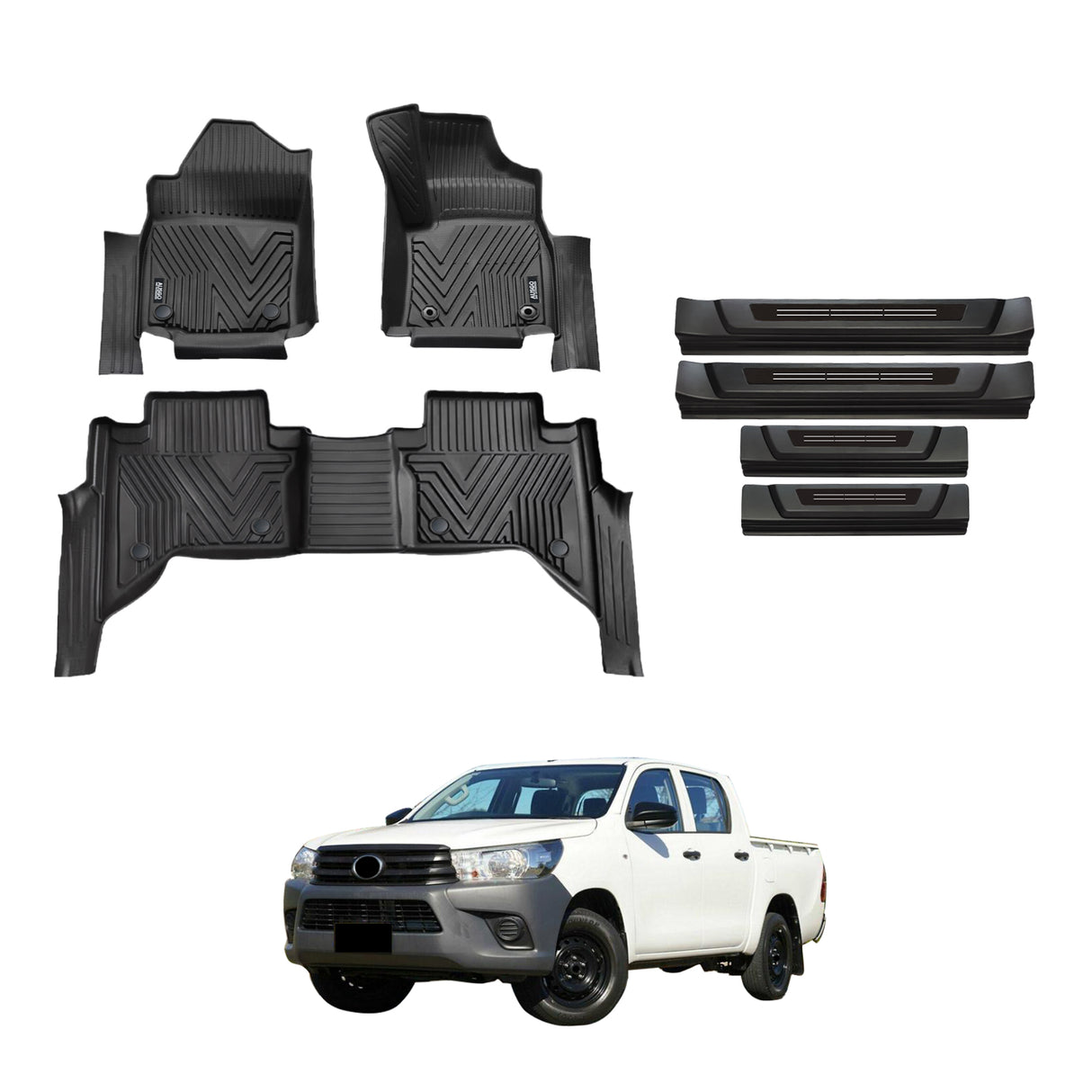 5D Injection Floor Mats + Black Door Sill Protector for Toyota Hilux Auto Dual Cab 2015-Onwards